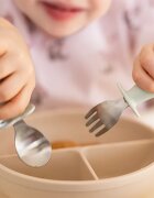 BabyOno Be Active Stainless Steel Spoon and Fork příbor pro děti Beige 12m+ 2 ks