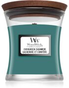 Woodwick Evergreen Cashmere vonná svíčka s dřevěným knotem 85 g