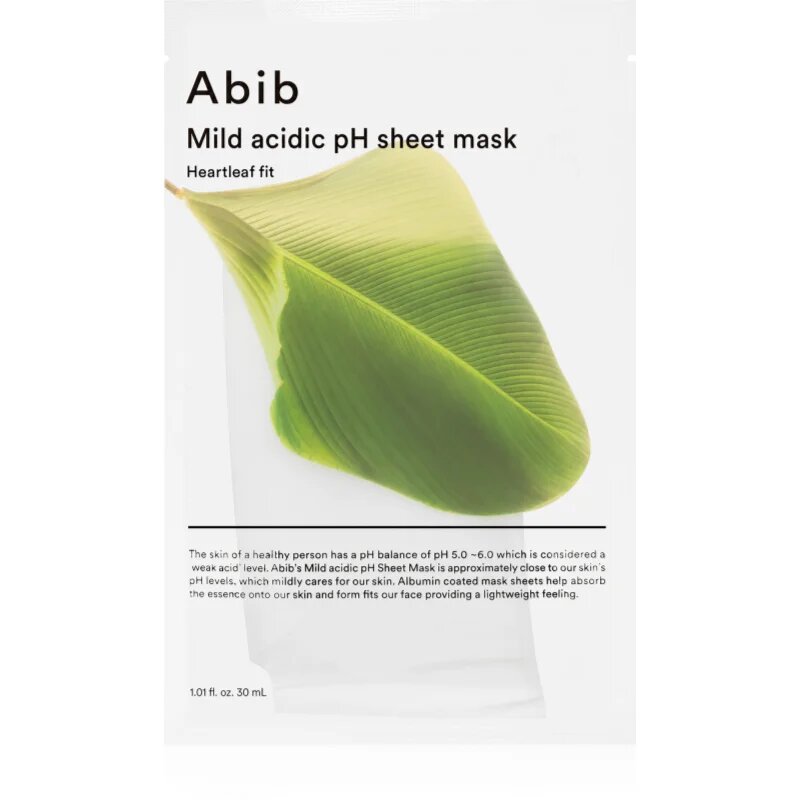 Abib Mild Acidic pH Sheet Mask Heartleaf Fit zklidňující plátýnková maska pro citlivou pleť se sklonem k akné 30 ml