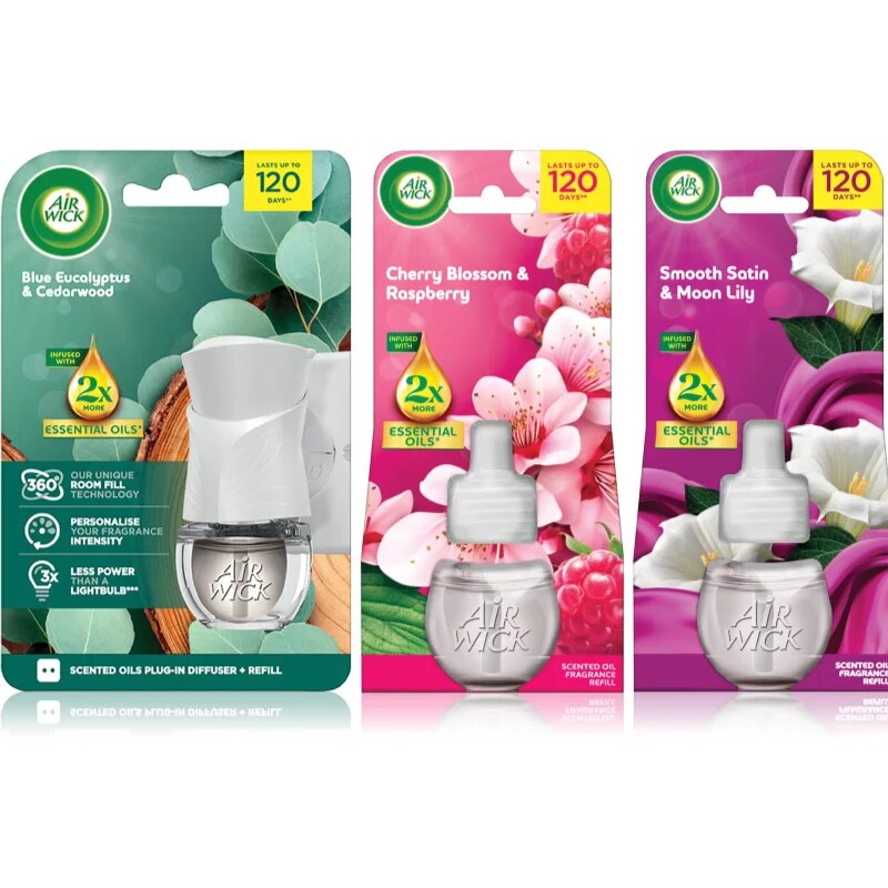 Air Wick Cherry Blossom & Rasberry Blue Eucalyptus & Cedarwood Essential Oils Smooth Satin & Moon Li osvěžovač vzduchu