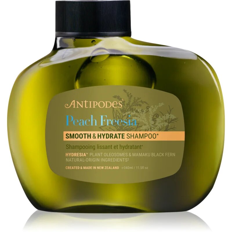 Antipodes Peach Freesia Smooth & Hydrate hydratační šampon pro uhlazení a výživu suchých a nepoddajných vlasů 340 ml