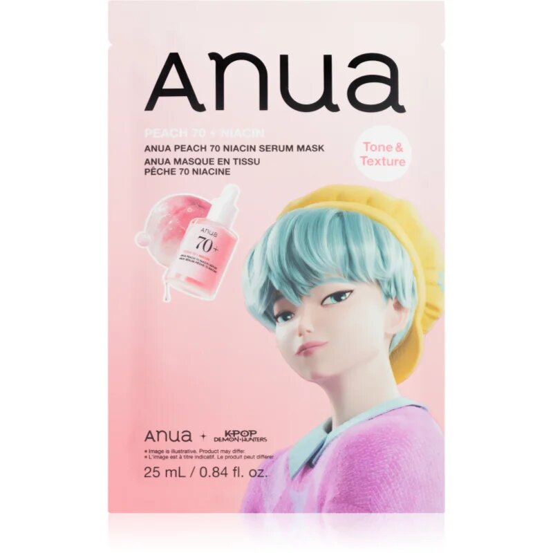 Anua K-Pop Demon Hunters Peach 70% Niacin Mask rozjasňující pleťová maska s kolagenem 1 ks