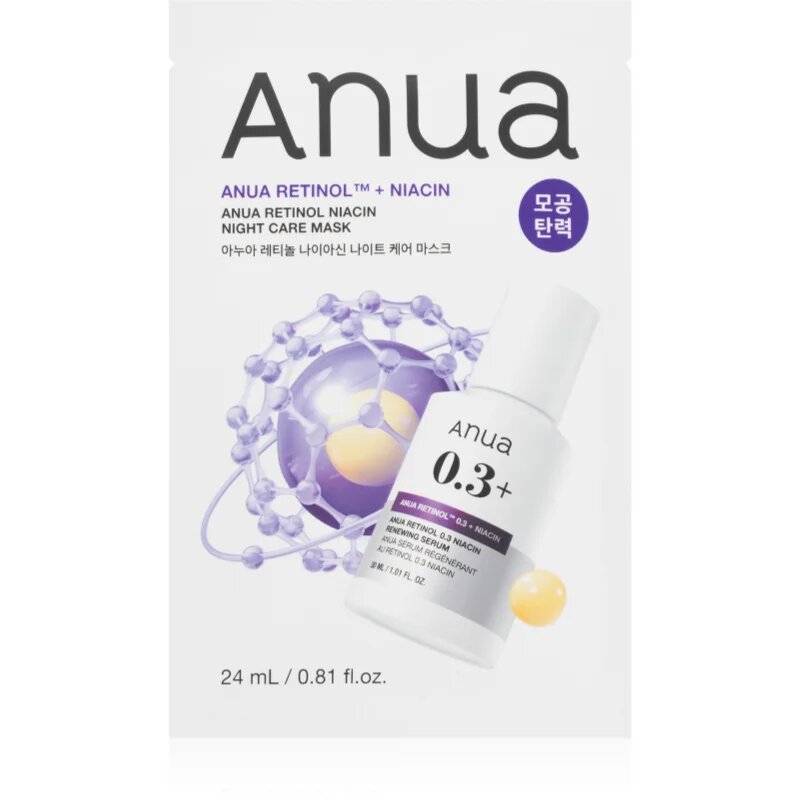 Anua Retinol + Niacin Night Care Mask protivrásková plátýnková maska pro sjednocení barevného tónu pleti 24 ml