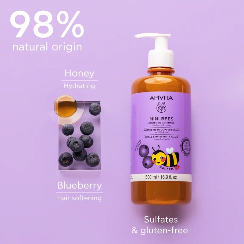 Apivita Mini Bees Gentle Kids Shampoo Blueberry & Honey šampon pro jemné vlasy pro děti 500 ml