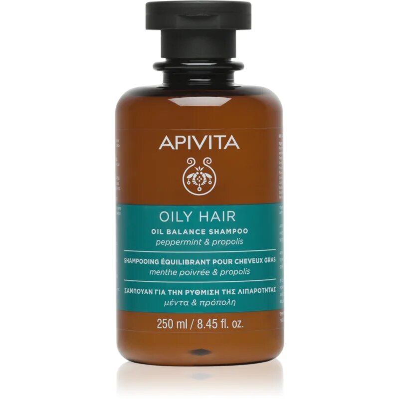 Apivita Oily Hair Oil Balance Shampoo hloubkově čisticí šampon pro mastnou pokožku hlavy pro posílení a lesk vlasů 250 ml