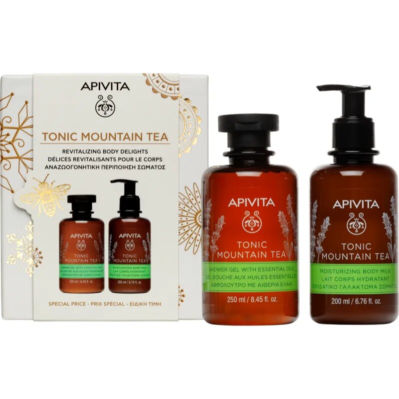 Apivita Tonic Mountain Tea Shower Gel & Body Milk Set dárková sada pro rozjasnění a hydrataci