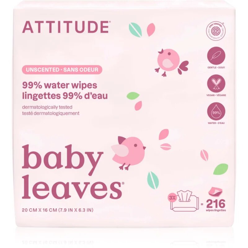 Attitude Baby Leaves Water Wipes vlhčené ubrousky bez vůně 3x72 ks