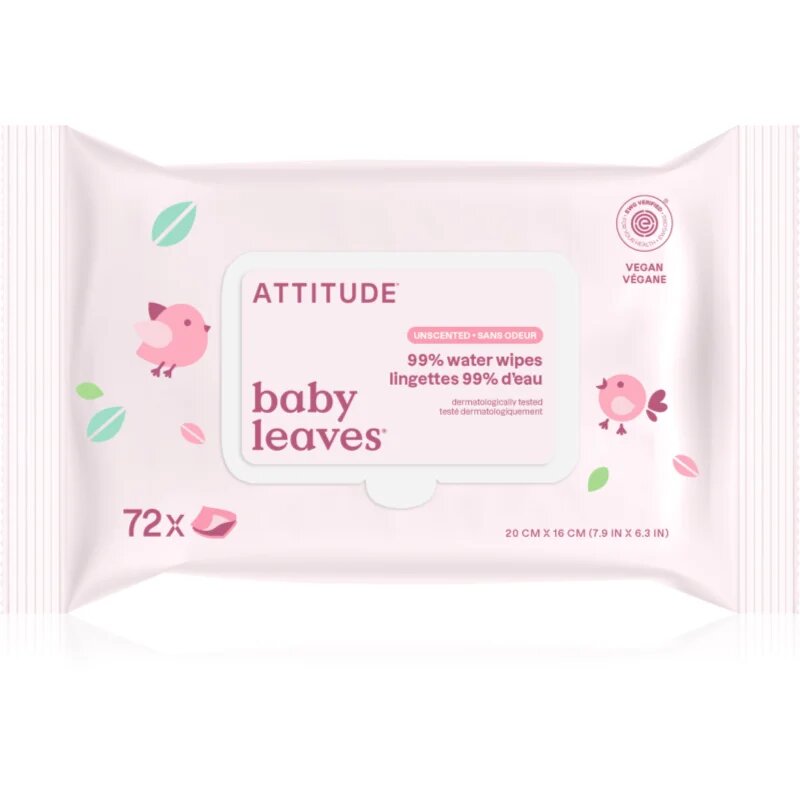 Attitude Baby Leaves Water Wipes vlhčené ubrousky bez vůně 72 ks