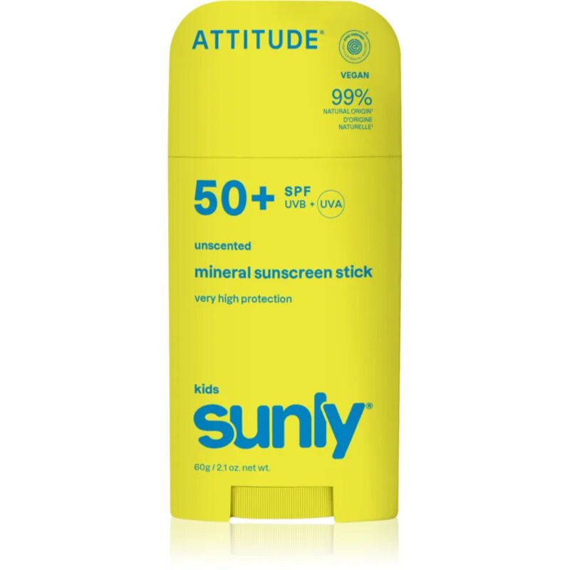 Attitude Sunly Kids Mineral Sunscreen Stick SPF 50+ minerální ochranný krém na obličej a tělo v tyčince pro děti 60 g