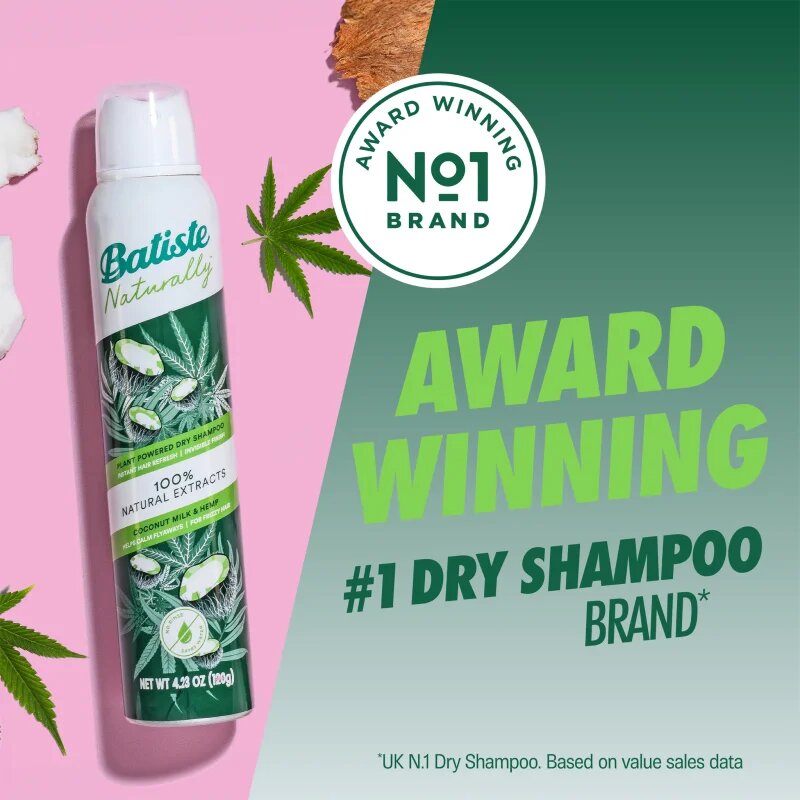 Batiste Naturally Coconut & Hemp suchý šampon pro absorpci přebytečného mazu a pro osvěžení vlasů 200 ml