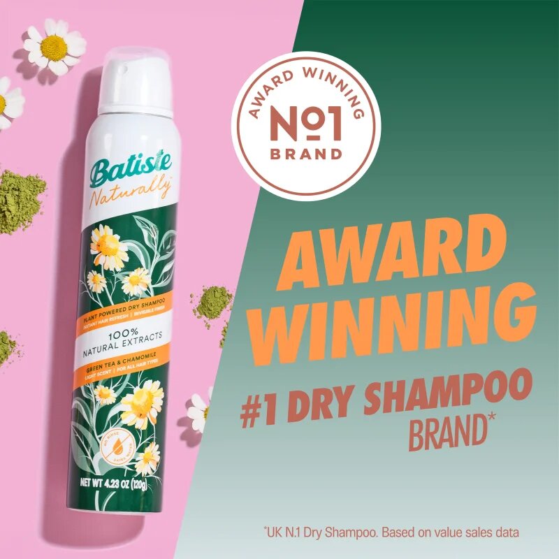 Batiste Naturally Green tea & Chamomile suchý šampon pro absorpci přebytečného mazu a pro osvěžení vlasů 200 ml