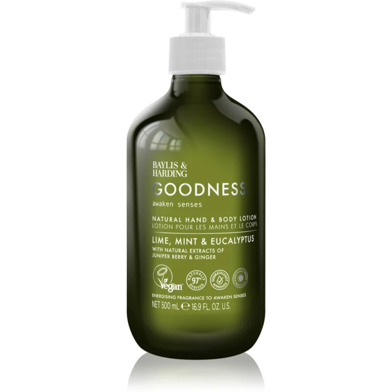 Baylis & Harding Goodness Awaken Senses mléko na ruce a tělo s osvěžujícím účinkem vůně Lime Mint & Eucalyptus 500 ml