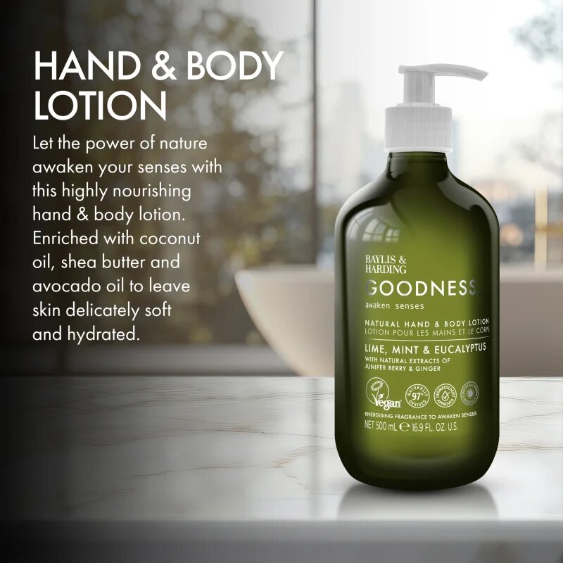 Baylis & Harding Goodness Awaken Senses mléko na ruce a tělo s osvěžujícím účinkem vůně Lime Mint & Eucalyptus 500 ml