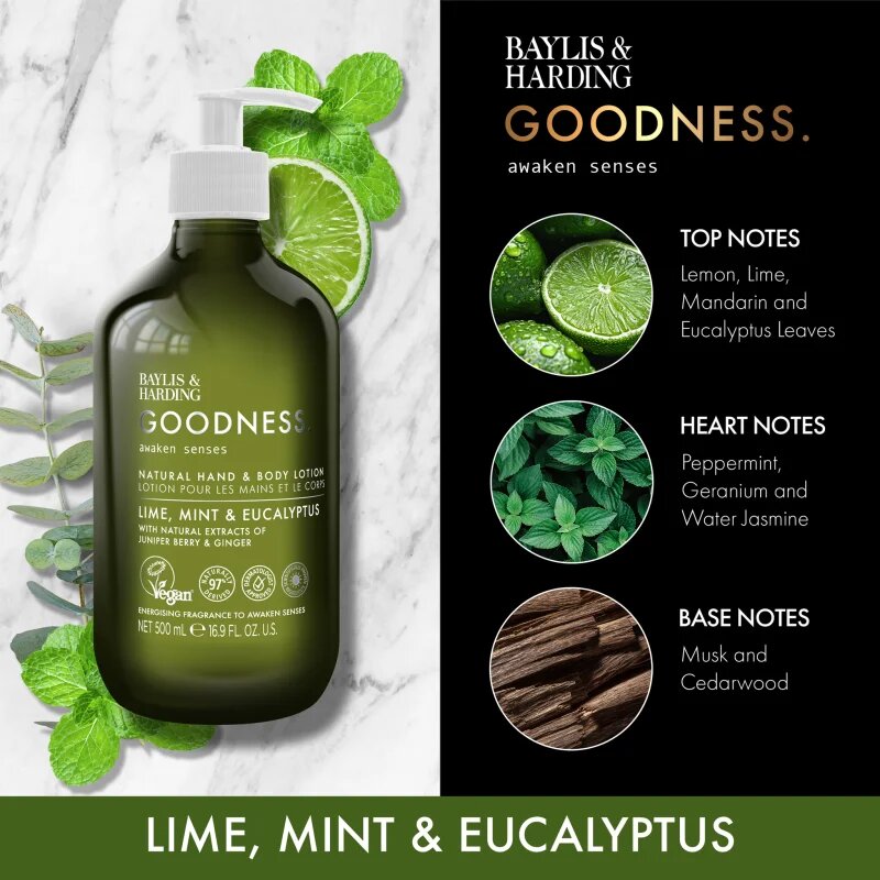 Baylis & Harding Goodness Awaken Senses mléko na ruce a tělo s osvěžujícím účinkem vůně Lime Mint & Eucalyptus 500 ml