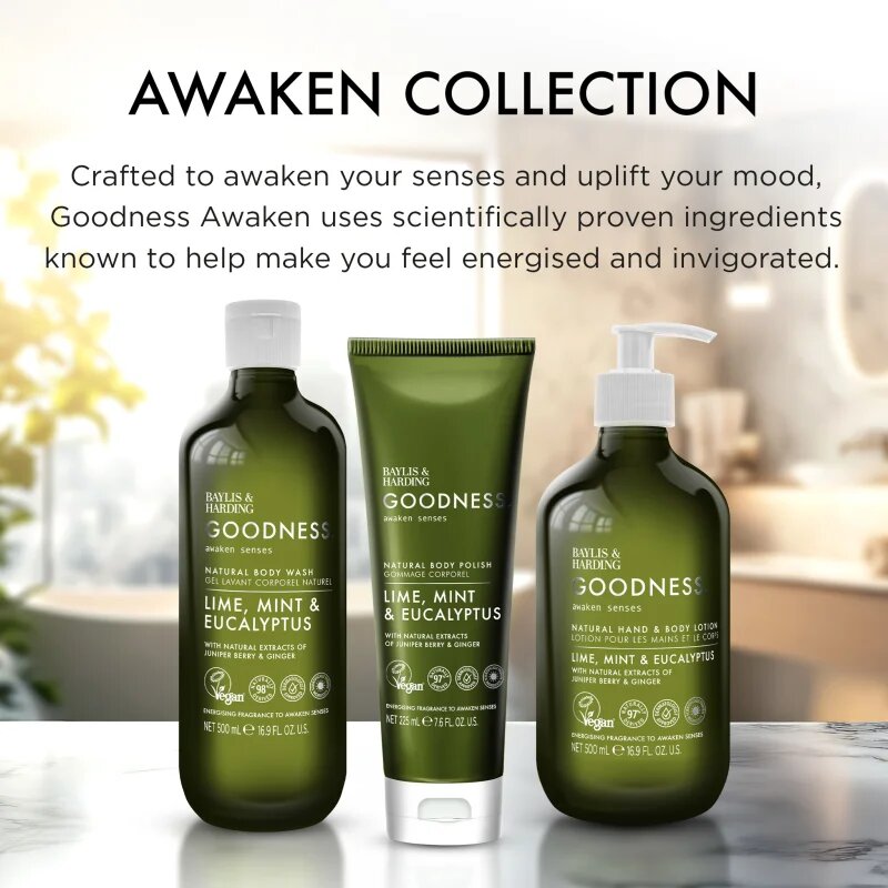 Baylis & Harding Goodness Awaken Senses mléko na ruce a tělo s osvěžujícím účinkem vůně Lime Mint & Eucalyptus 500 ml