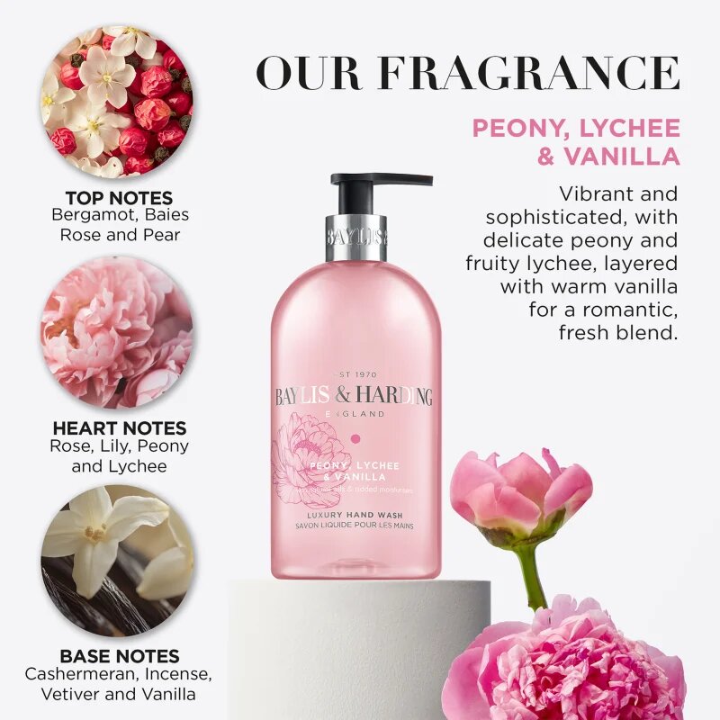 Baylis & Harding Peony Lychee & Vanilla tekuté mýdlo na ruce s hydratačním účinkem 500 ml