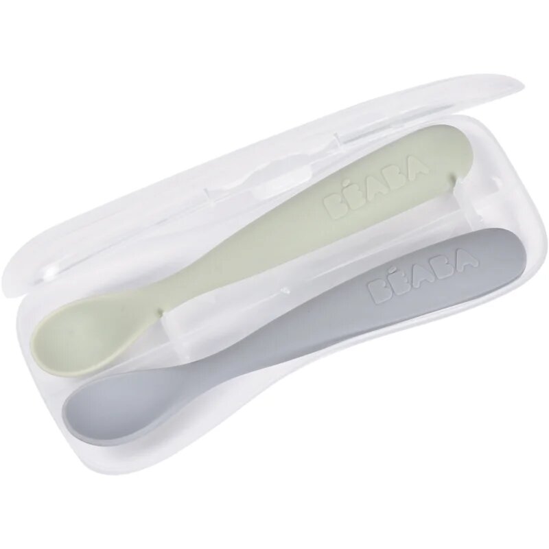 Beaba Set of 2 Ergonomic Spoons lžička s pouzdrem Pebble Green 4m+ 2 ks