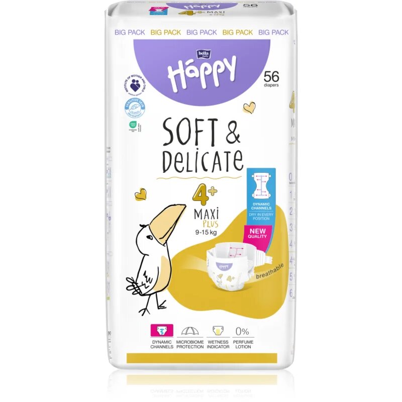 BELLA Baby Happy Soft&Delicate jednorázové pleny s kanálky Maxi Plus 9-15 kg 56 ks