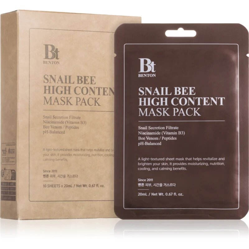 Benton Snail Bee plátýnková maska pro kompletní péči s hlemýždím extraktem 10 × 20 g