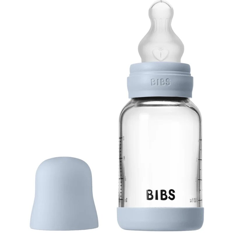 BIBS Baby Glass Bottle Silicone antikoliková láhev se silikonovým pítkem Baby Blue 1 ks