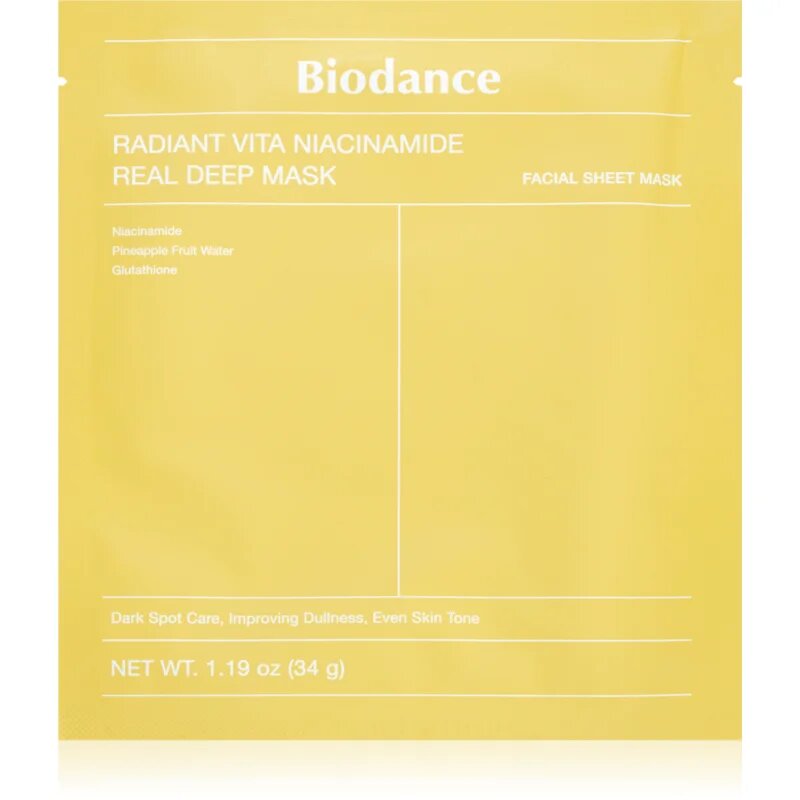 Biodance Radiant Vita Niacinamide Real Deep Mask rozjasňující pleťová maska pro sjednocení barevného tónu pleti 1 ks