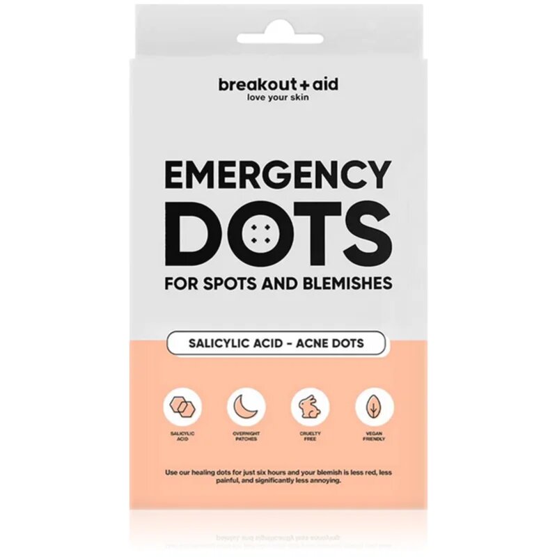 breakout + aid Emergency Dots For Spots and Blemishes lokální péče proti akné na obličej dekolt a záda s kyselinou salicylovou 72 ks