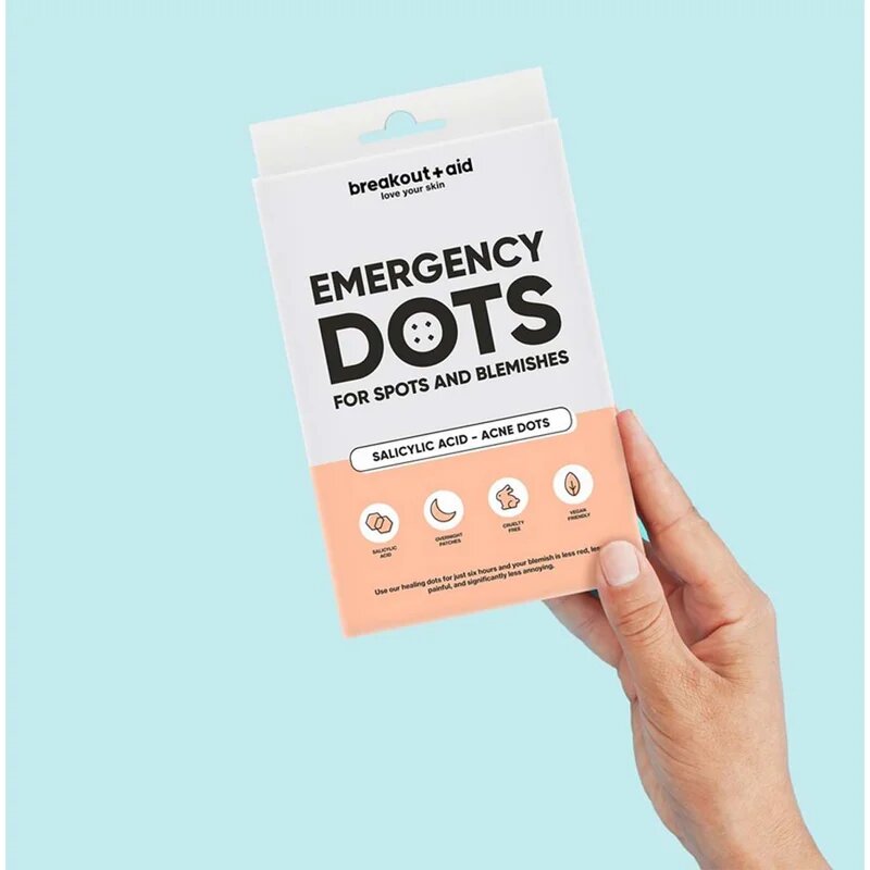 breakout + aid Emergency Dots For Spots and Blemishes lokální péče proti akné na obličej dekolt a záda s kyselinou salicylovou 72 ks