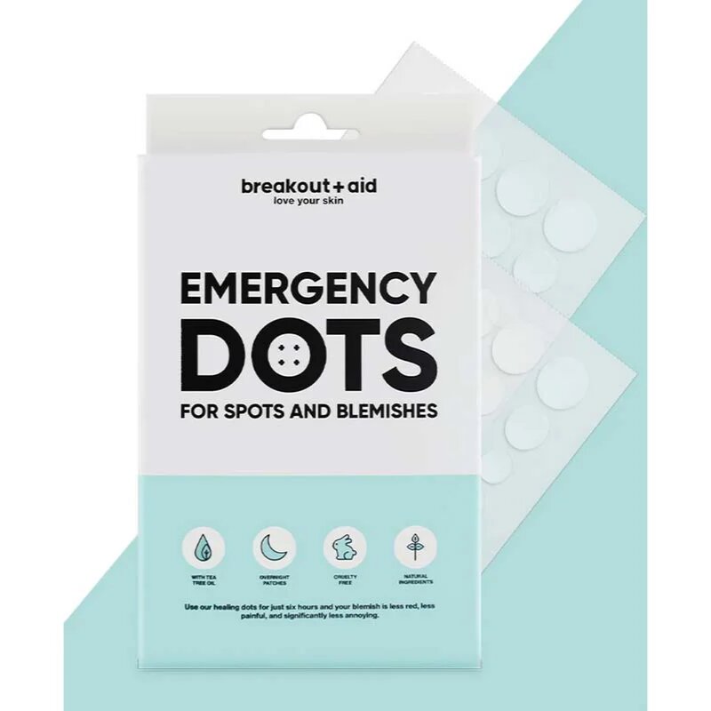 breakout + aid Emergency Dots For Spots and Blemishes lokální péče proti akné na obličej dekolt a záda s Tea Tree oil 72 ks