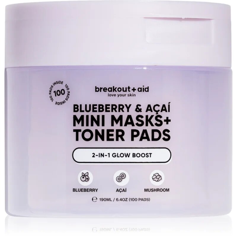 breakout + aid Mini Masks+Toner Pads Bluberry & Acai tonizační polštářky pro rozjasnění a hydrataci 100 ml