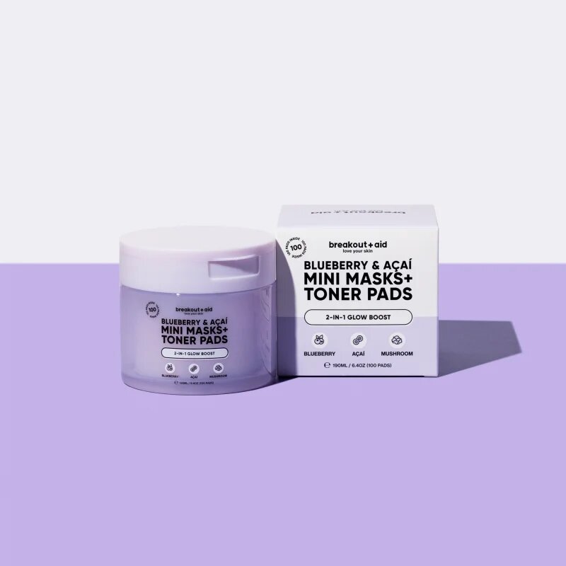 breakout + aid Mini Masks+Toner Pads Bluberry & Acai tonizační polštářky pro rozjasnění a hydrataci 100 ml