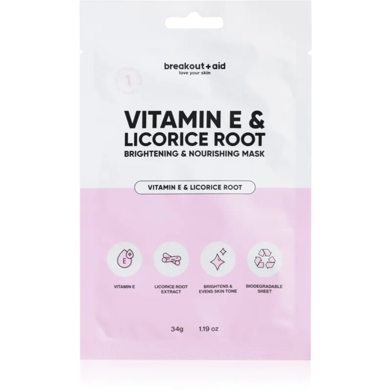 breakout + aid Vitamin E & Licorice Root rozjasňující plátýnková maska s vitamínem E 34 ks