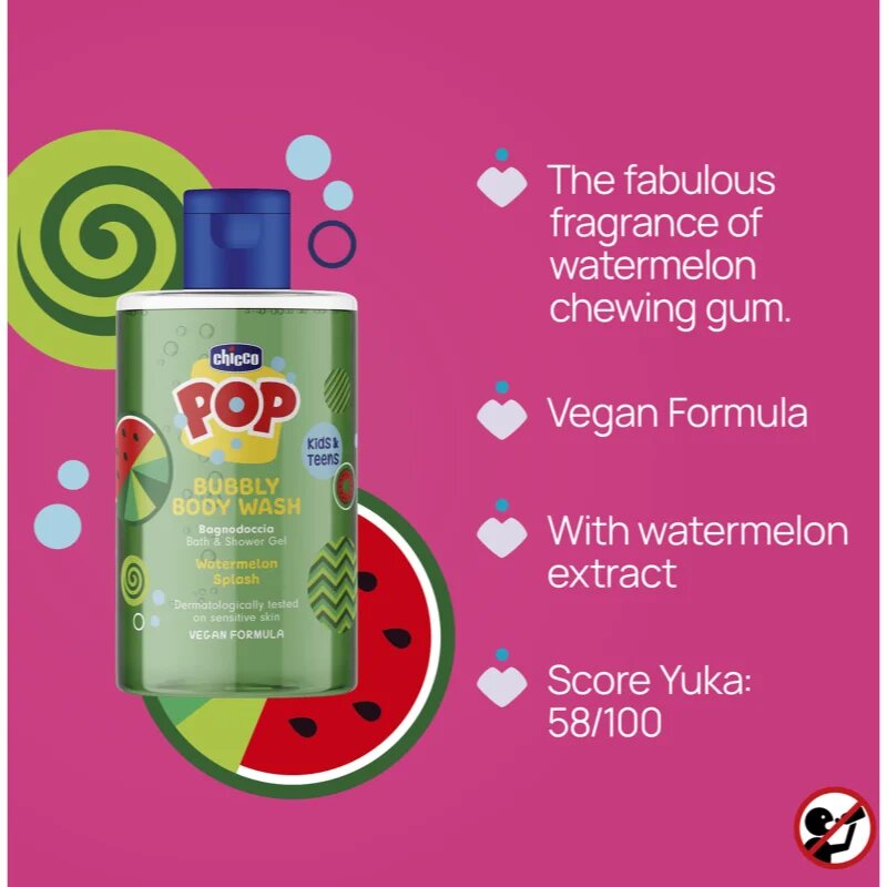 Chicco Pop Bubbly Body Wash sprchový a koupelový gel pro děti Watermelon Splash 300 ml