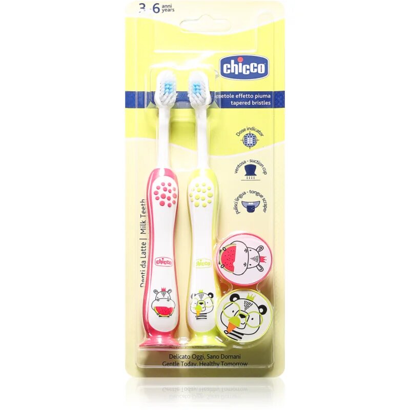 Chicco Toothbrush Set 3-6 y+ zubní kartáček pro děti s přísavkou Hippo-Panda