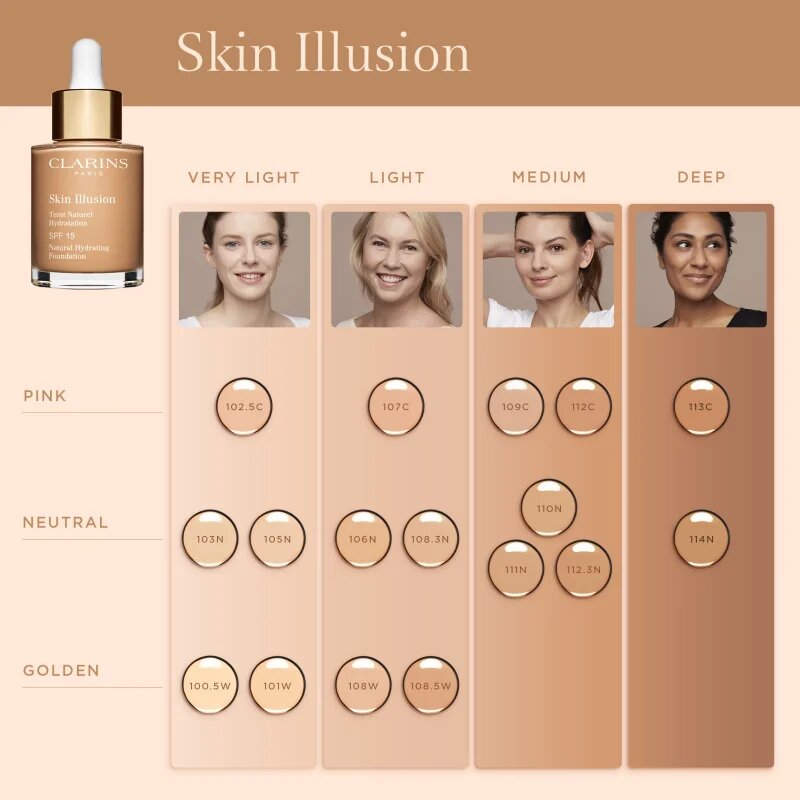 Clarins Skin Illusion Natural Hydrating Foundation rozjasňující hydratační make-up SPF 15 odstín 102.5C Porcelain 30 ml