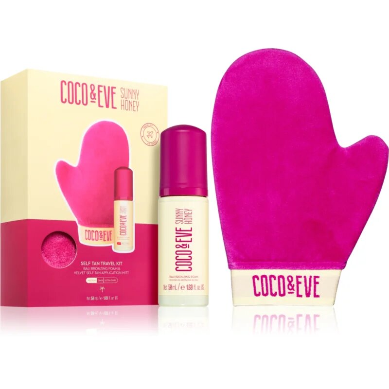Coco & Eve Sunny Honey Ultimate Glow Travel Kit samoopalovací pěna s aplikační rukavicí cestovní balení Medium 50 ml