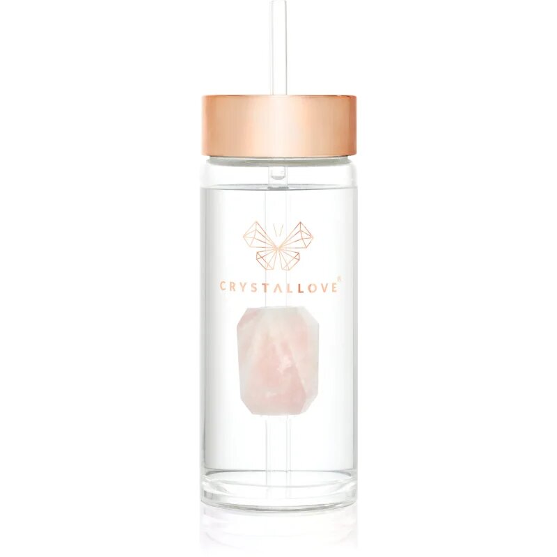 Crystallove Amethyst Straw Water Bottle skleněná láhev na vodu s brčkem Rose 1 ks