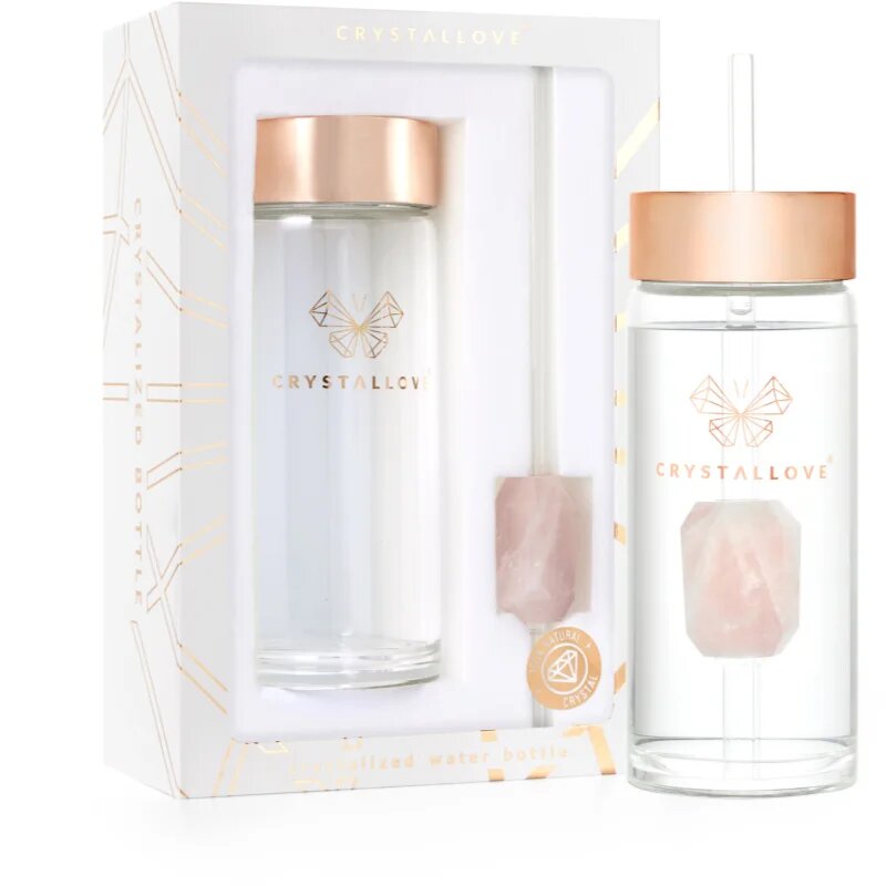 Crystallove Amethyst Straw Water Bottle skleněná láhev na vodu s brčkem Rose 1 ks