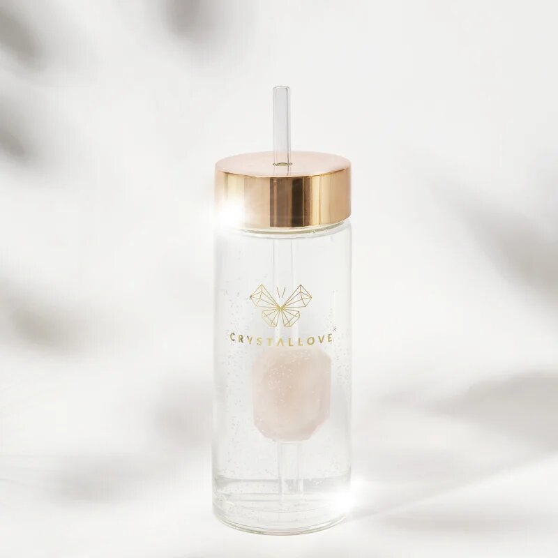 Crystallove Amethyst Straw Water Bottle skleněná láhev na vodu s brčkem Rose 1 ks