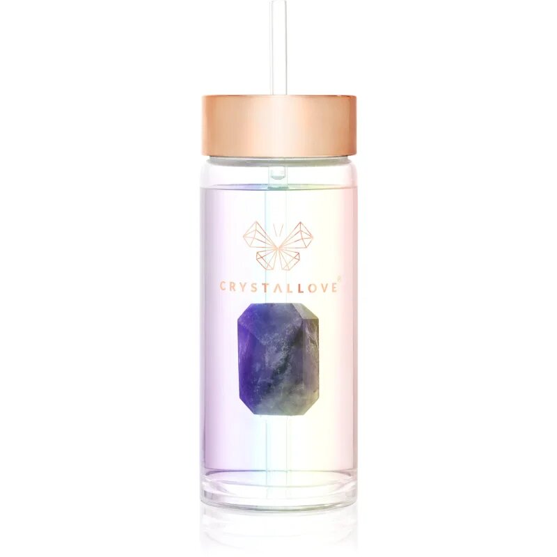 Crystallove Clear Quartz Straw Water Bottle skleněná láhev na vodu s brčkem Hologram - Amethyst 400 ml
