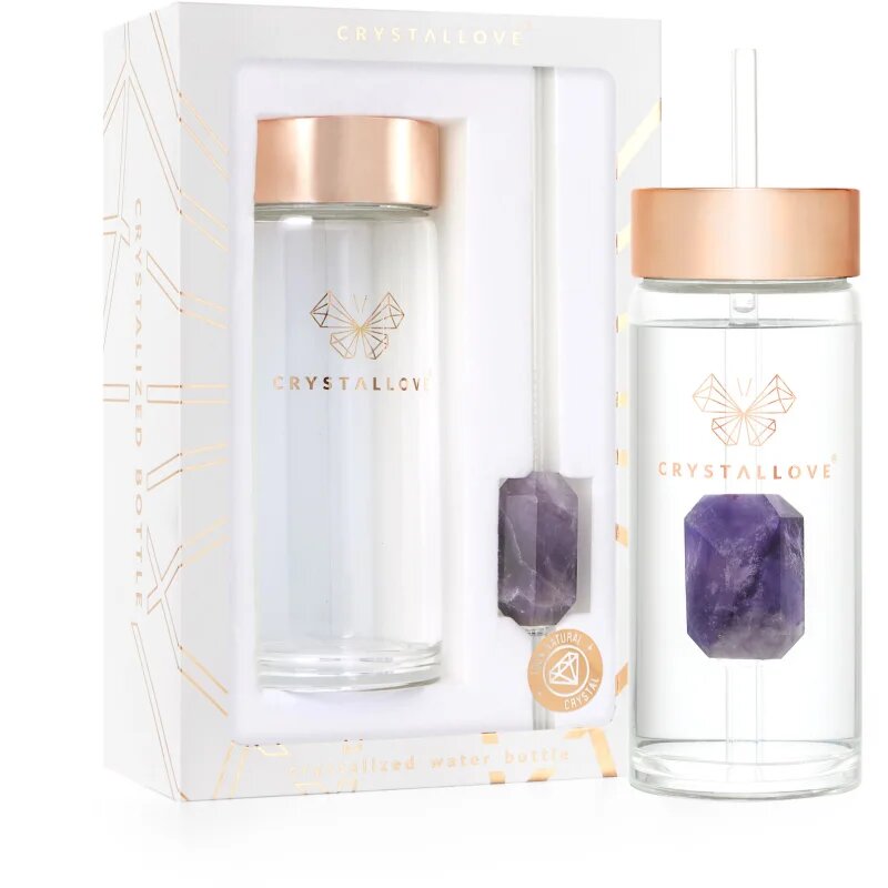 Crystallove Clear Quartz Straw Water Bottle skleněná láhev na vodu s brčkem Hologram - Amethyst 400 ml