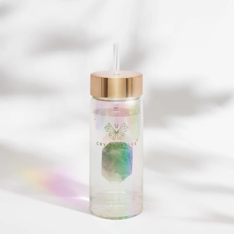 Crystallove Clear Quartz Straw Water Bottle skleněná láhev na vodu s brčkem Hologram - Amethyst 400 ml