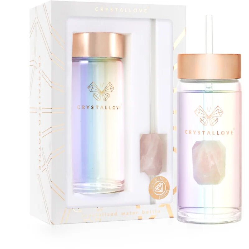 Crystallove Clear Quartz Straw Water Bottle skleněná láhev na vodu s brčkem Hologram - Rose Quartz 400 ml