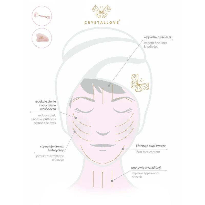 Crystallove Rose Quartz 3D Lift & Sculpt Facial Roller masážní pomůcka 1 ks