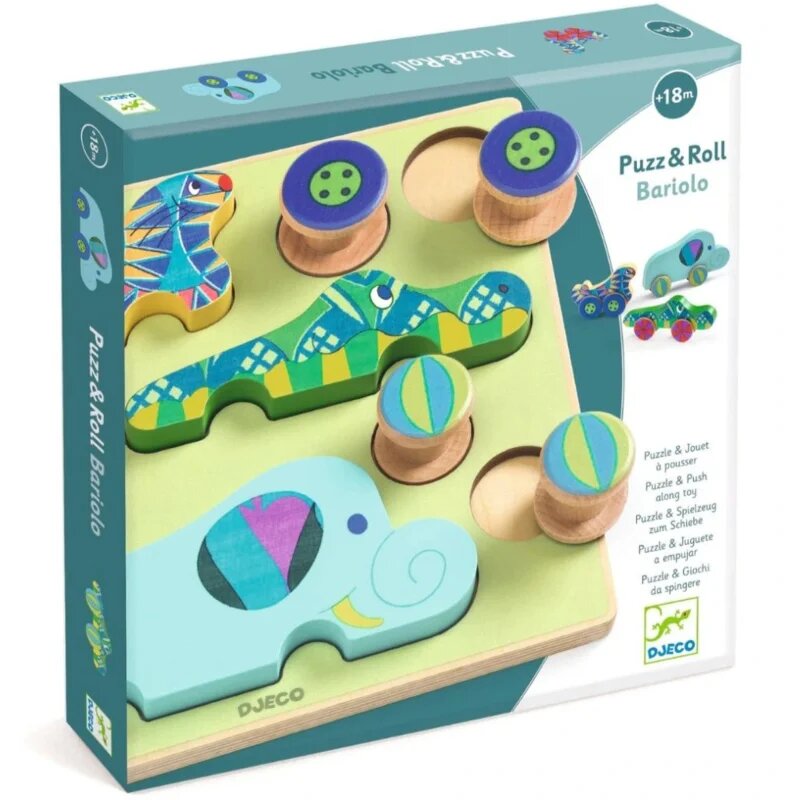 DJECO Puzzle & Push Along Toy Animal Toy Cars aktivity vkládačka 18m+ 12 ks