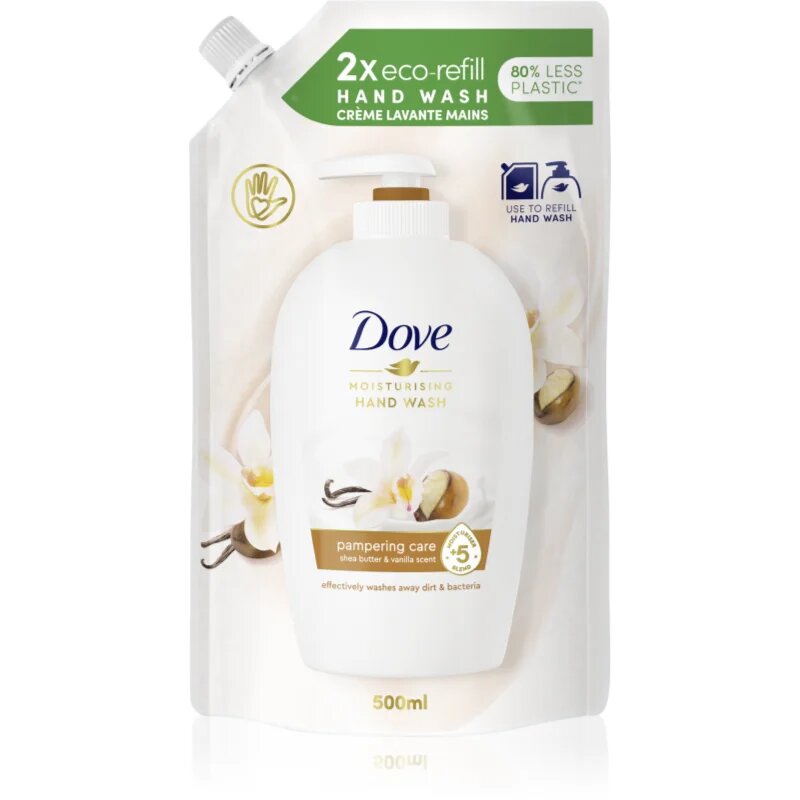 Dove Moisturizing Hand Wash Pampering Care tekuté mýdlo – náhradní náplň bambucké máslo a vanilka 500 ml