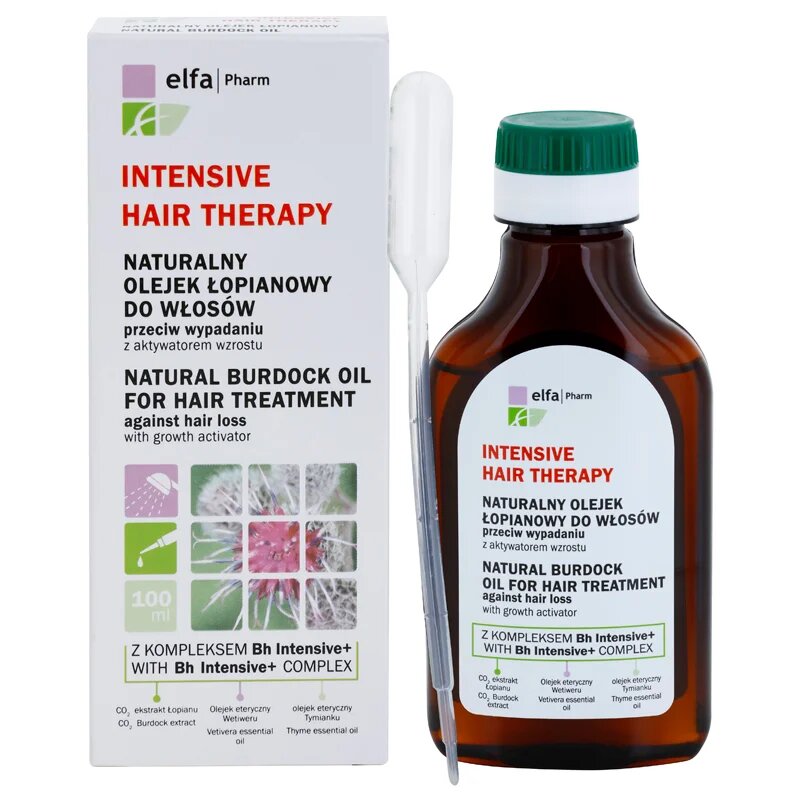 Elfa Pharm Intensive Cosmetic Intensive Hair Therapy Natural Burdock Oil For Hair Treatment olej proti padání vlasů s růstovým aktivátorem 100 ml