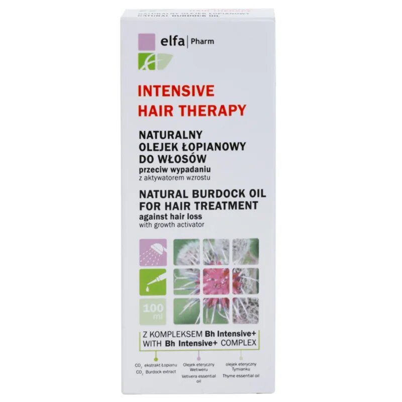 Elfa Pharm Intensive Cosmetic Intensive Hair Therapy Natural Burdock Oil For Hair Treatment olej proti padání vlasů s růstovým aktivátorem 100 ml