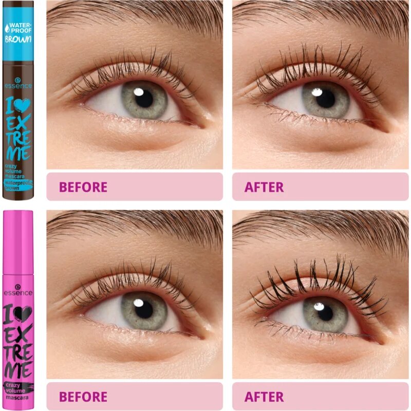 essence I LOVE EXTREME crazy volume voděodolná řasenka pro objem odstín 01 Cozy Brown 12 ml