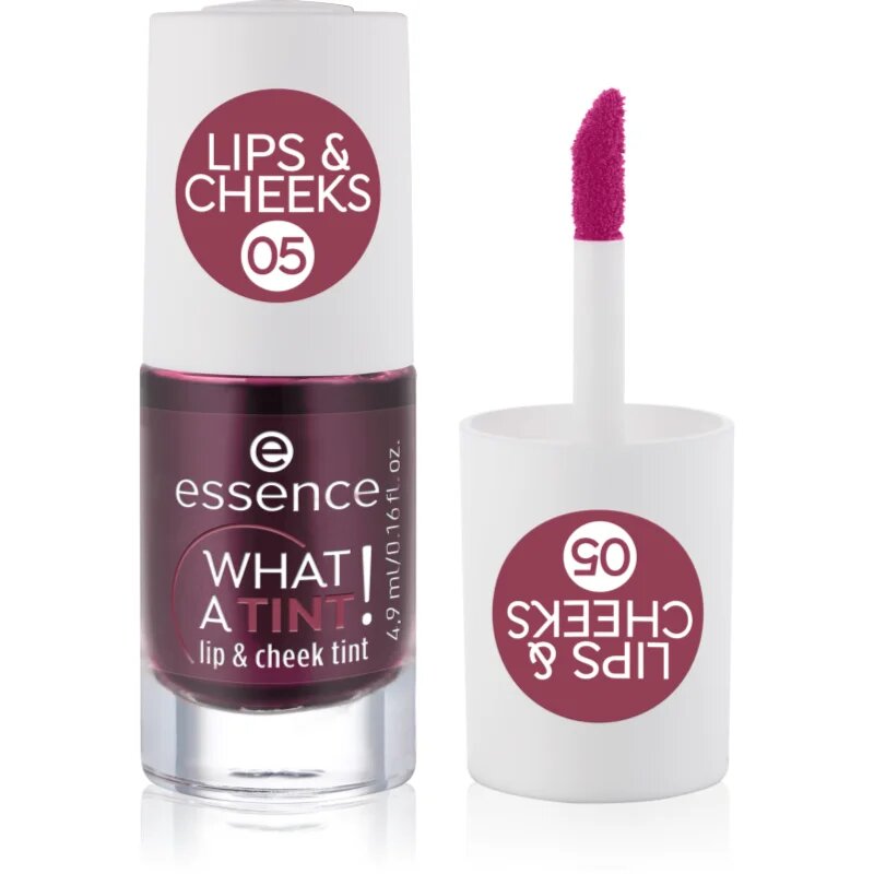 essence WHAT A TINT! tekutá tvářenka a lesk na rty odstín 05 Velvet Berry 4.9 ml