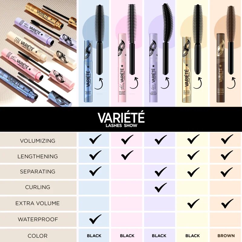 Eveline Cosmetics Variété Lashes Show řasenka pro objem a definici řas odstín Brown 10 ml